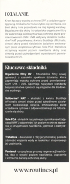 Strona z informacjami o kremie SPF 50 Routines, opis działania i kluczowe składniki.