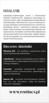 Karta informacyjna serum Routines by Alkmie, z opisem działania i kluczowych składników aktywnych, na białym tle.