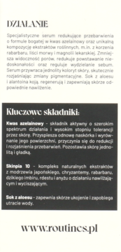 Biała ulotka opisująca serum Routines by Alkmie z kwasem azelainowym do redukcji przebarwień i porów.