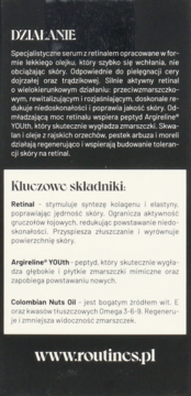 Tył opakowania serum Routines by Alkmie z retinalem, czarne tło z białym tekstem opisującym działanie i składniki.