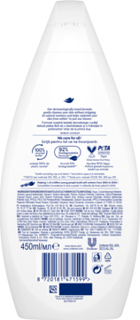 Tył białej, owalnej butelki żelu Dove Petal Soft 450ml z informacjami i kodem kreskowym.