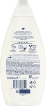 Tył białej butelki żelu Dove Essential Hydrate 450ml, z etykietą, kodem kreskowym i ikonami certyfikatów.