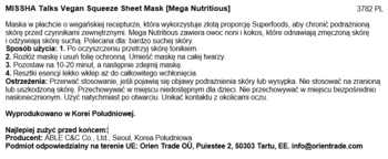 Tył opakowania maski Missha Talks Vegan Squeeze Mega Nutritious, z polskim opisem i instrukcją użycia.
