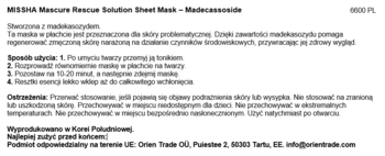 Biała etykieta produktu Missha Mascure Rescue Solution Sheet Mask Madecassoside, z czarnym tekstem po polsku.