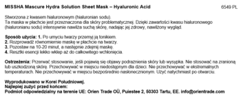 Tekst z opakowania Missha Mascure Hydra Solution Sheet Mask Hyaluronic Acid: opis, użycie i ostrzeżenia.