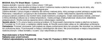 Szczegółowy opis polskiej etykiety maski MISSHA Airy Fit Sheet Mask Lemon z instrukcjami i składnikami.