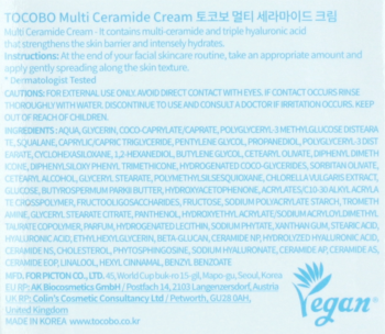 Tył opakowania Tocobo Multi Ceramide Cream z listą składników, instrukcjami i logo Vegan na jasnoniebieskim tle.