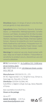 Tył opakowania Beauty of Joseon Calming Serum z zielonej herbaty, widoczne szczegóły składu i dane producenta.