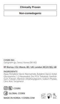 Tylna etykieta serum Cosrx The Niacinamide 15 z deklaracjami 'Non-comedogenic' i pełnym składem INCI.
