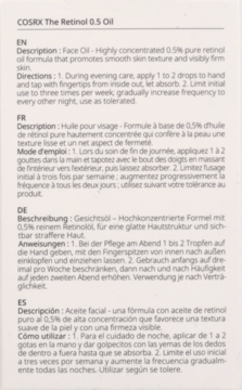 COSRX The Retinol 0.5 Oil, biała etykieta z czarnym tekstem instrukcji w czterech językach.