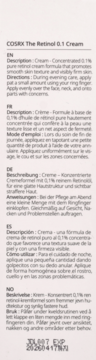 COSRX The Retinol 0.1 Cream: zbliżenie na panel tekstowy, opis produktu i instrukcje użytkowania w kilku językach.