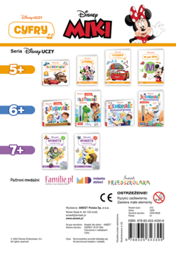 Tył okładki książki edukacyjnej Disney Miki Cyfry, przedstawiający serie dla 5+, 6+, 7+ i ostrzeżenie o małych elementach.