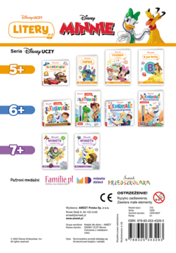 Tył książki Disney Uczy Minnie z miniaturowymi okładkami całej serii o nauce liter i cyfr dla 5-7 latków.