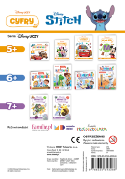 Promocyjna plansza Disney UCZY: Cyfry, z okładkami książek edukacyjnych dla dzieci 5+, 6+, 7+ i postaciami Disneya.