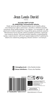 Tył opakowania szczotki Jean Louis David Soft & Flex. Widoczne opisy, kod kreskowy i nazwa 'Detangling brush'.