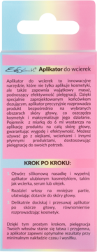 Różowo-niebieska ulotka Aplikatora do wcierek, z tekstem opisującym jego funkcje i instrukcją użycia.
