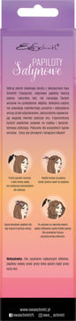 Różowo-fioletowy baner reklamowy Ewa Schmitt Satynowe Papiloty, opis i ilustracje instrukcji użycia produktu.