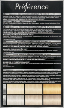 Tył opakowania L'Oréal Préférence kwasowego tonera do włosów blond, czarne tło, teksty opisujące działanie, próbki koloru.