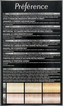 Tył L'Oréal Préférence kwasowy toner do włosów blond, neutralizujący żółte refleksy, z próbkami kolorów.