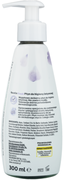 Tył białej butelki płynu intymnego Facelle Fresh z pompką, widoczne składniki i pojemność 300ml.