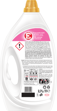 Tył białej butelki żelu do prania E Aromaterapia Orchidea 2,7L, z różową etykietą i ostrzeżeniami.