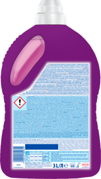 Tył fioletowej butelki płynu Perwoll Renew Blossom 3L z różową rączką, widoczna etykieta z instrukcjami i ostrzeżeniem.