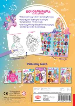 Tylna okładka Kolorowanki Barbie według kodu, z opisem cech, przykładowymi stronami do kolorowania i naklejkami.