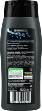 Tył czarnej butelki żelu Isana Men Fresh XXL 3w1, z etykietami: lista składników, kod kreskowy i pojemność 500 ml.