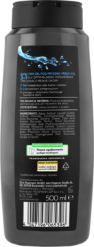 Tył ciemnoszarego żelu Isana Men Fresh XXL 3w1, widoczne polskie napisy, skład, kod kreskowy, 500 ml.