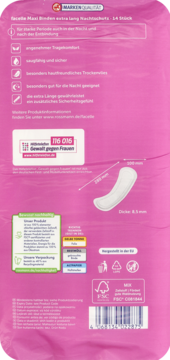 Tył różowego opakowania podpasek Facelle Maxi Extra Długie Nocne z ikonami cech, wymiarami i informacjami o produkcie.