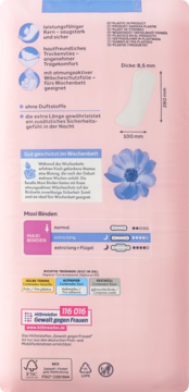 Tylna strona różowego opakowania podpasek Facelle Maxi Extra Lang bez zapachu, z opisem funkcji i wymiarami.