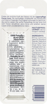 Tył opakowania nawilżającej pomadki kakaowej ISANA Cocoa Love. Widoczna lista składników, opis i kod kreskowy.