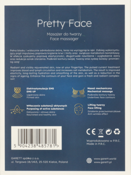 Tył niebieskiego opakowania masażera do twarzy Garett Beauty Pretty Face, z opisem funkcji EMS, liftingu i barcode.