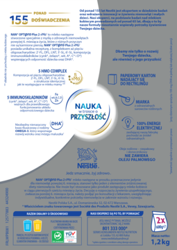 Biało-żółte opakowanie mleka następnego NAN® OPTiPRO Plus 2 HMO 1.2kg, z napisem 5 HMO Complex i logo Nestlé.