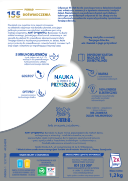 Tył białego kartonu NAN® OPTIpro Plus 4, mleka modyfikowanego dla dzieci, z hasłem „Nauka w trosce o przyszłość”.