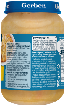 Tył słoiczka Gerber Szarlotka jabłka 190g, z niebieską etykietą, polskim tekstem i grafiką ciasta.