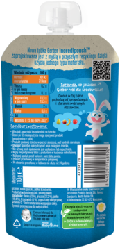 Tył tubki Gerber Incredipouch 110g. Widoczne info o recyklingu, wartościach odżywczych i wesoły królik.