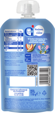 Tył niebieskiego musu Gerber Garden Fruits w tubce 110g, z tabelą wartości odżywczych, QR kodem i logo.