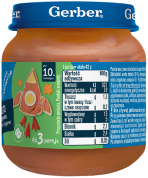 Gerber pasta warzywna z batatem i oregano dla 10m+, słoiczek z niebieską nakrętką, etykieta z rakietą.