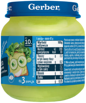 Gerber pasta warzywna dla niemowląt po 10 miesiącu, zielony słoik z grafiką kanapki, widok z przodu.