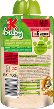 Tylna strona zielonej saszetki Kubuś baby Mus Owoce Czerwone Warzywa 100g, dla niemowląt po 6 miesiącu.