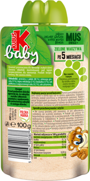 Tył zielonej tubki Kubuś Baby, mus warzywny dla dzieci po 5 miesiącu, widoczne informacje o składzie i barcode.