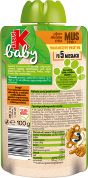Tył zielono-pomarańczowej saszetki Kubuś Baby Mus 100g (jabłko, marchew, dynia). Bez cukru, wit. A+C. Widoczne wartości.