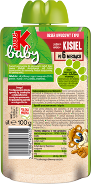 Tył opakowania Kubuś Baby Kisiel, deser jabłko-mango 100g dla 6m+, z danymi żywieniowymi i misiem.