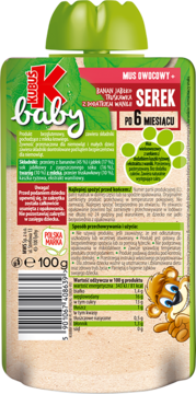 Tył opakowania musu owocowego Kubuś Baby serek banan jabłko truskawka wanilia, 100g, dla niemowląt po 6 miesiącach.