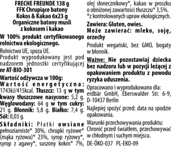 Front opakowania Freche Freunde, organiczne batony musli Kokos & Kakao, 6x23g, z grafiką kokosa.