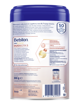 Tył opakowania mleka Bebilon PROfutura DUOBIOTIK 5, fioletowo-niebieska puszka 800g z opisem składu.