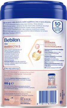 Tył opakowania Bebilon PROfutura DUOBIOTIK 5, mleka junior 800g, z witaminami i minerałami, bez oleju palmowego.