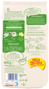 Tył opakowania Bobovita mleczno-ryżowej kaszki waniliowej, beżowa torba 400g, instrukcje, ilustracje.