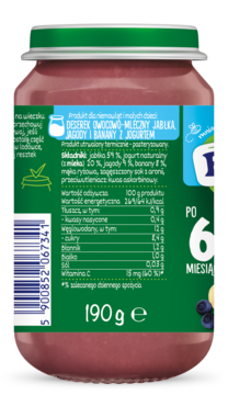 Tył słoiczka Bobovita Deserek Jabłko Jagoda Banan Jogurt, 190g, z etykietą i tabelą wartości odżywczych.